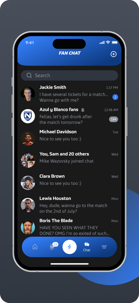 Azul y Blanco - Community chat screen of the Azul y Blanco football app showing conversations between fans about matches and tickets