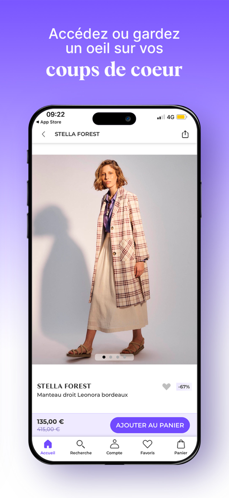 Aplicación móvil BazarChic que muestra una página de producto para un abrigo de diseñador Stella Forest con descuento