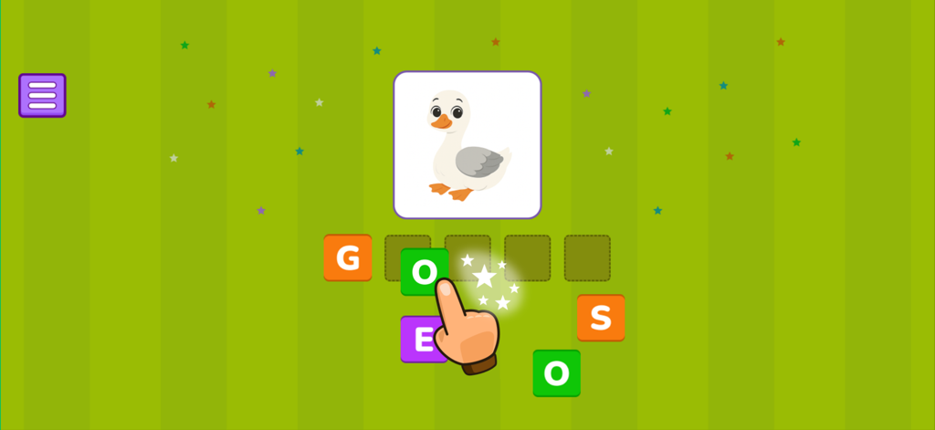Spelling - Vocabulary A to Z - Un niño arrastra una ficha de letra para deletrear la palabra ganso en una colorida aplicación educativa