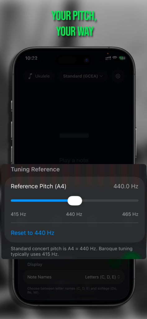 Tuner & Metronome: Attune - Control deslizante de ajuste para el tono de referencia La4 en la aplicación del afinador Attune