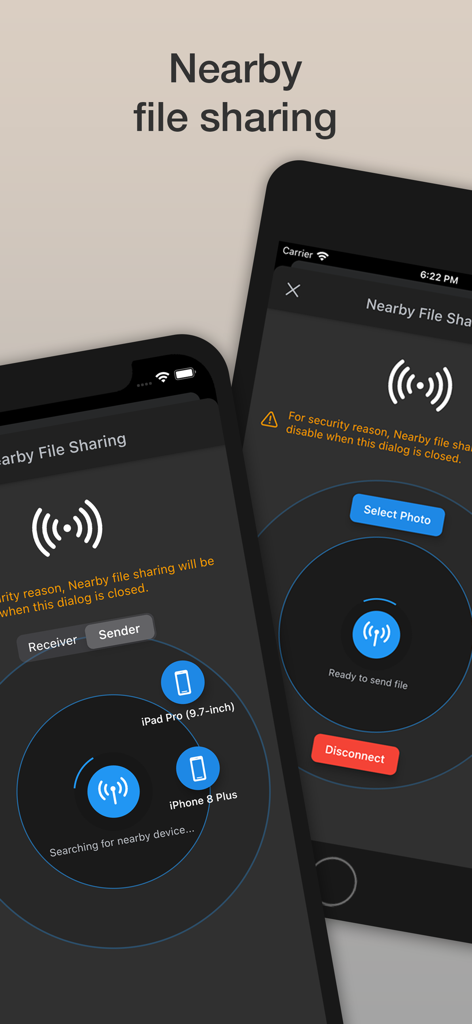 Safety Photo+Video Pro - Nearby file sharing screen for secure photo and video transfer between devices.