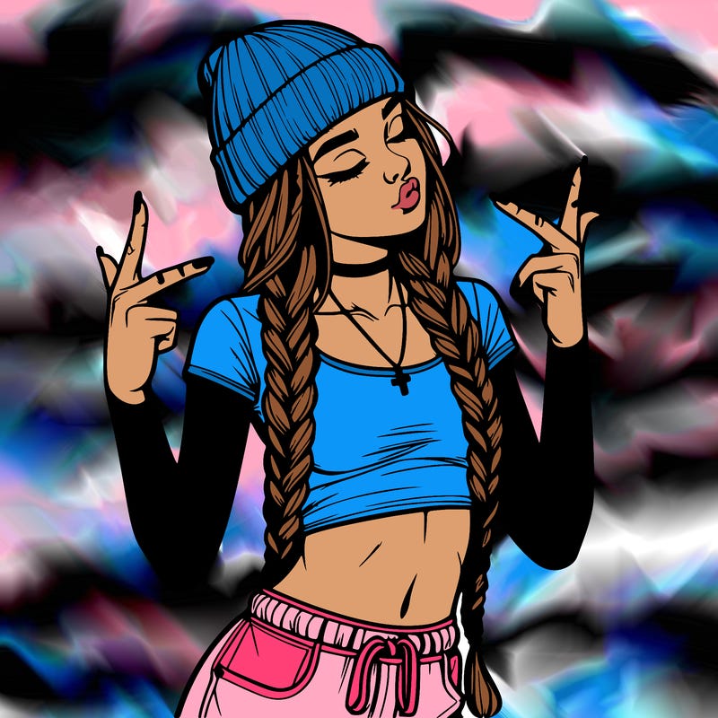 realistic teenage girl with braids and a beanie and crop top doing 🫶🏼