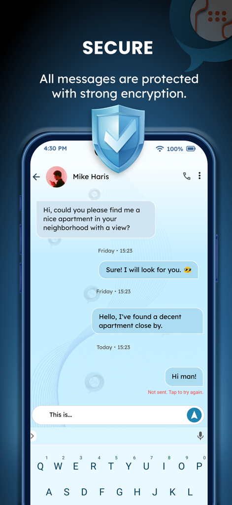 Phoring - Screenshot of Phoring app showing a secure chat interface with a blue shield icon indicating strong message encryption.