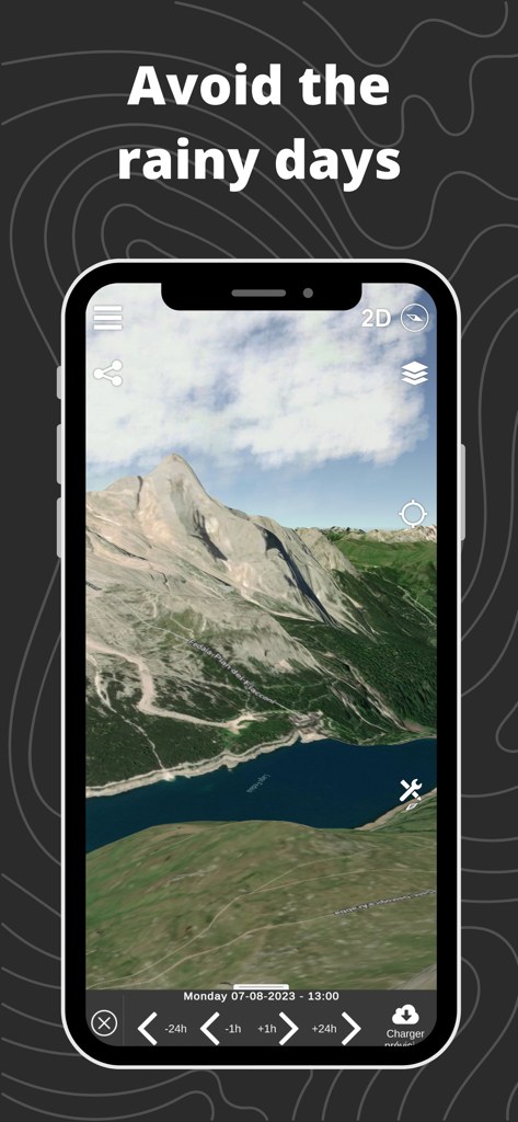 Relief Maps : backcountry gps - A 3D topographic mountain map on a smartphone displaying a weather forecast timeline to avoid rainy days during backcountry trips.