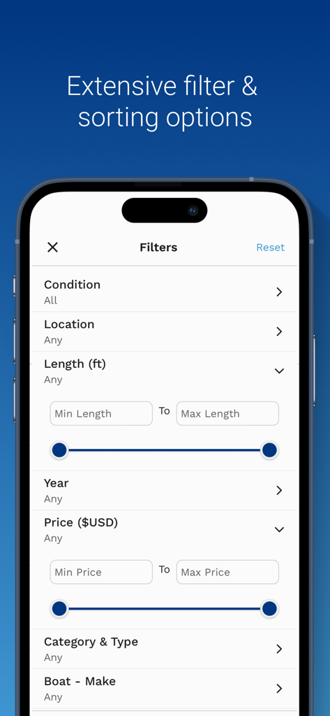 Interfaccia dell'app YachtWorld che mostra filtri di ricerca dettagliati per condizione della barca, posizione, lunghezza, anno e prezzo