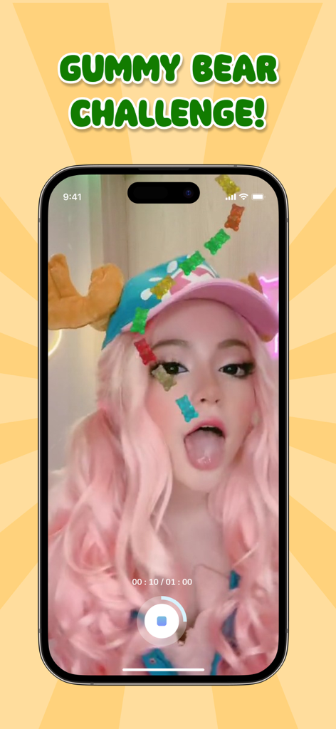 Funny Filter: Fruit Challenge - Una mujer joven usando un filtro de desafío de osos de goma AR en la aplicación Funny Filter