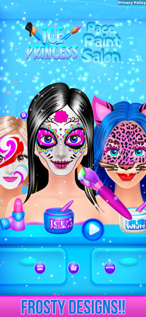 Ice Princess Face Paint Salon game menu screen showing characters with sugar skull and animal face paint