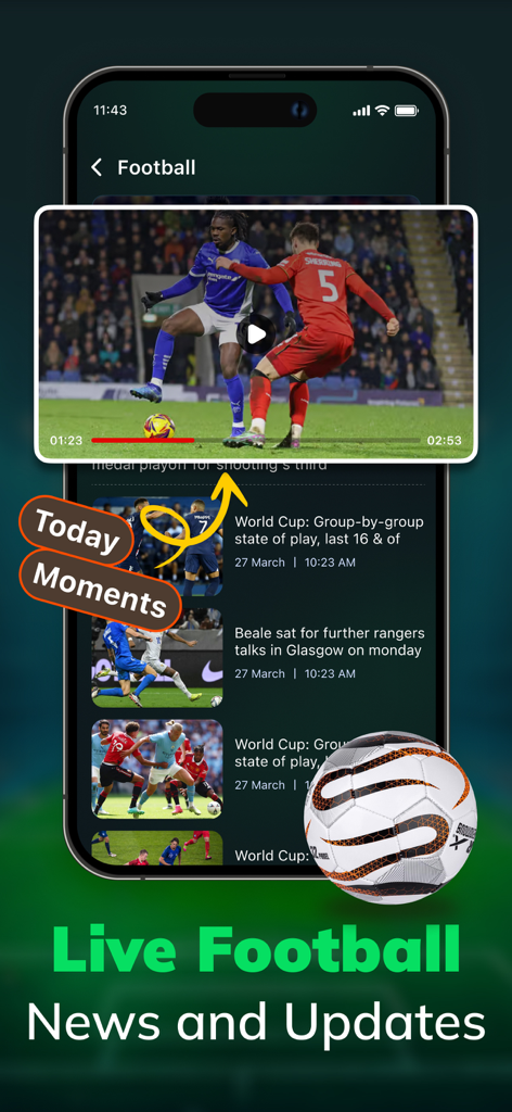 Live Football TV: Soccer Score - Una pantalla de aplicación móvil para Footly que muestra noticias de fútbol en vivo, resúmenes de partidos y un reproductor de video para actualizaciones deportivas.