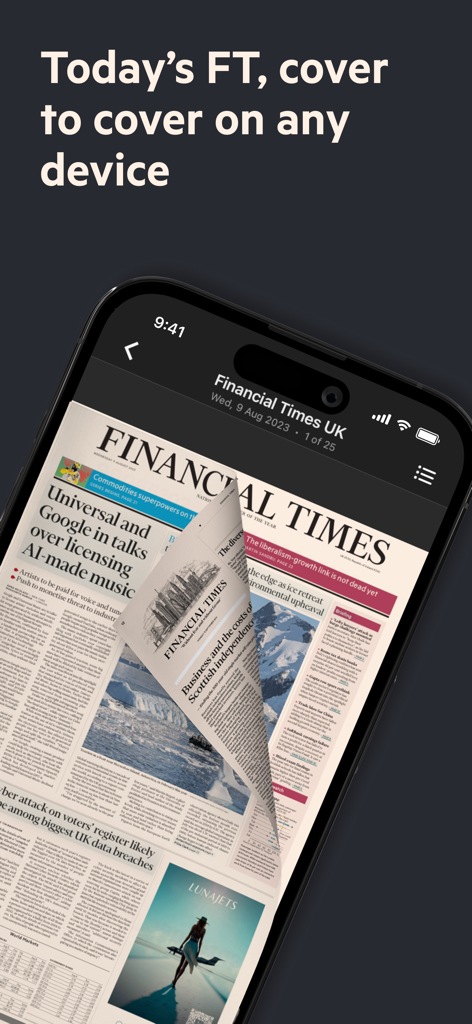 Financial Times Digital Edition app on an iPhone showing a digital newspaper replica page being turned.