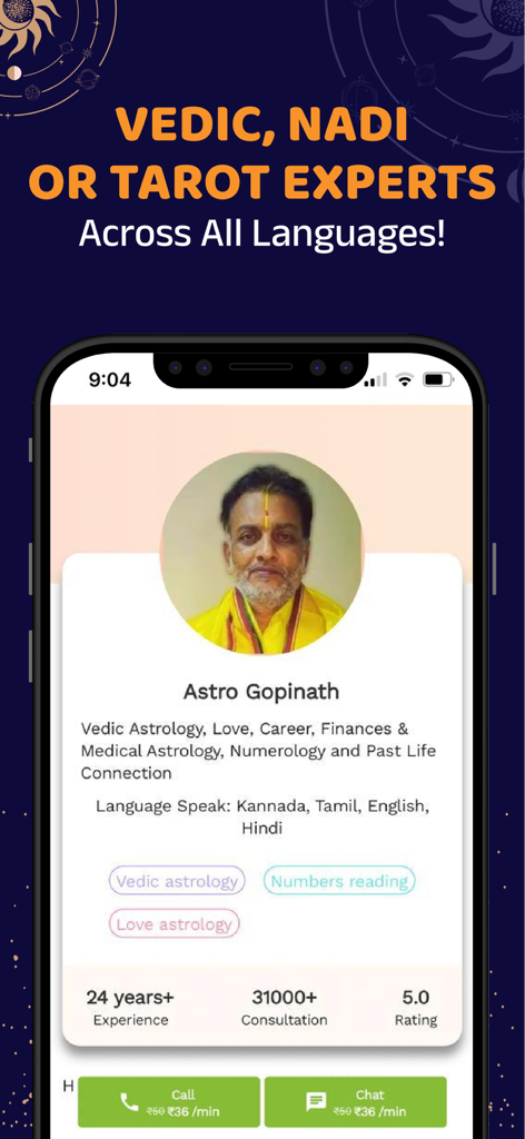 Bodhi: Astrology & Horoscope - Um perfil de um especialista em astrologia védica verificado no aplicativo Bodhi mostrando experiência e serviços