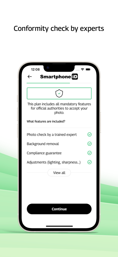 Smartphone iD - Passport photo - Smartphone iD app interface showing expert conformity check and compliance features for passport photos