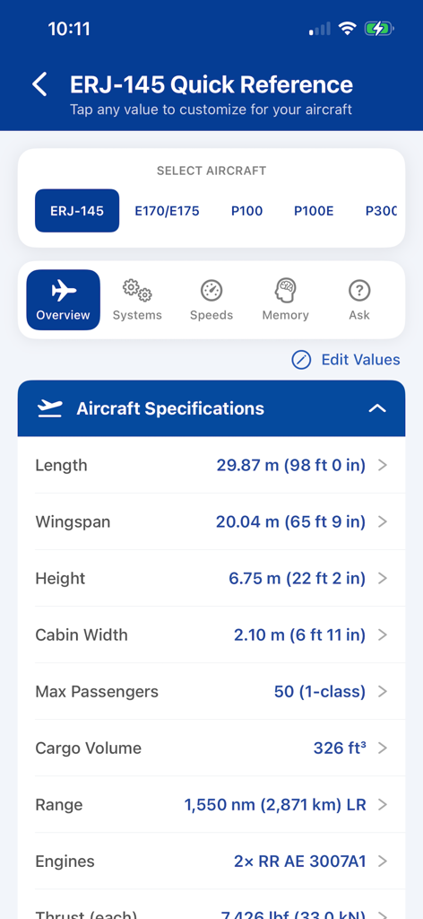 iEMBRAER Type Rating Prep - Quick reference screen for ERJ-145 showing aircraft specifications like wingspan and range in the iEMBRAER app