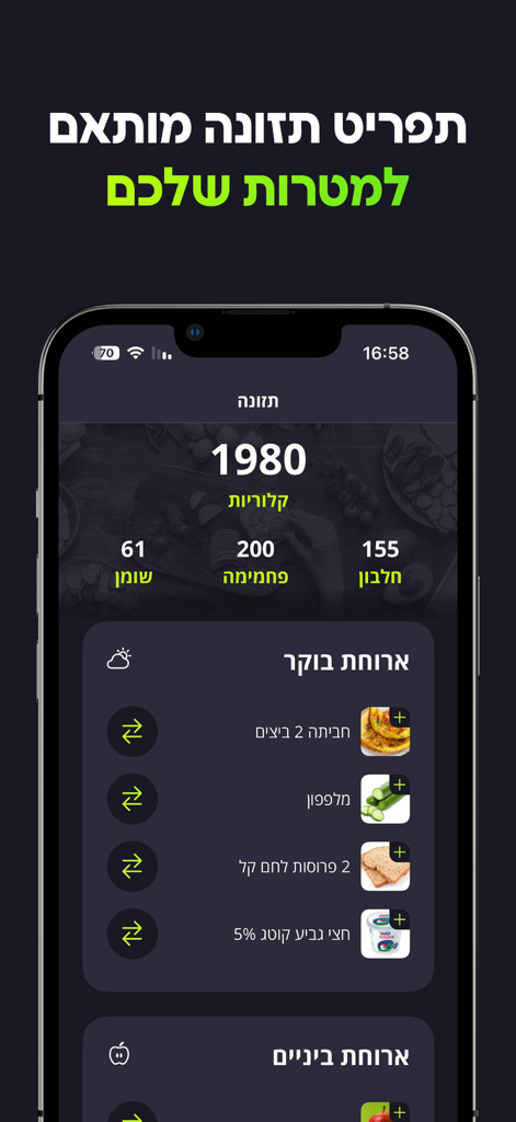 FitBuddy - המאמן האישי שלך - FitBuddy app interface showing a personalized daily meal plan with calorie and macronutrient tracking.