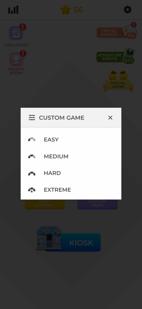 A custom game menu in the Sudoku Offline app showing difficulty options for Easy, Medium, Hard, and Extreme levels.