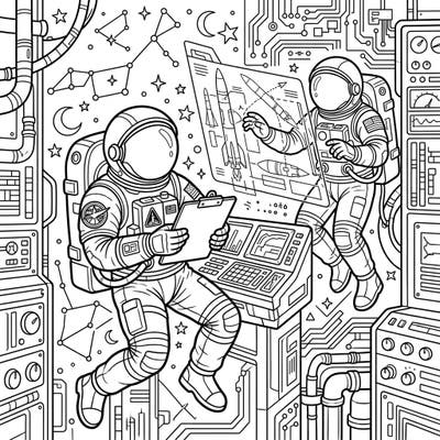 Dive into the future of space exploration with this detailed coloring page featuring astronaut test pilots at work. Color their advanced suits, intricate control panels, and revolutionary rocket designs.