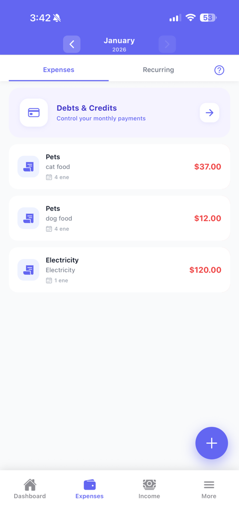 Money Track AI App-Oberfläche, die kategorisierte Ausgaben für Haustiere und Strom anzeigt