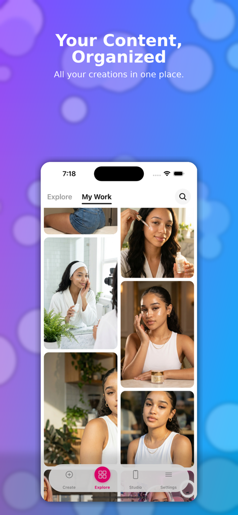 Moji AI - AI Influencer Pro - Moji AI app screen showing an organized gallery of AI-generated influencer content in the My Work section