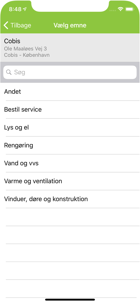 Interface of the DaluxFM HelpDesk app showing a menu for selecting facility management service topics like plumbing and electricity.