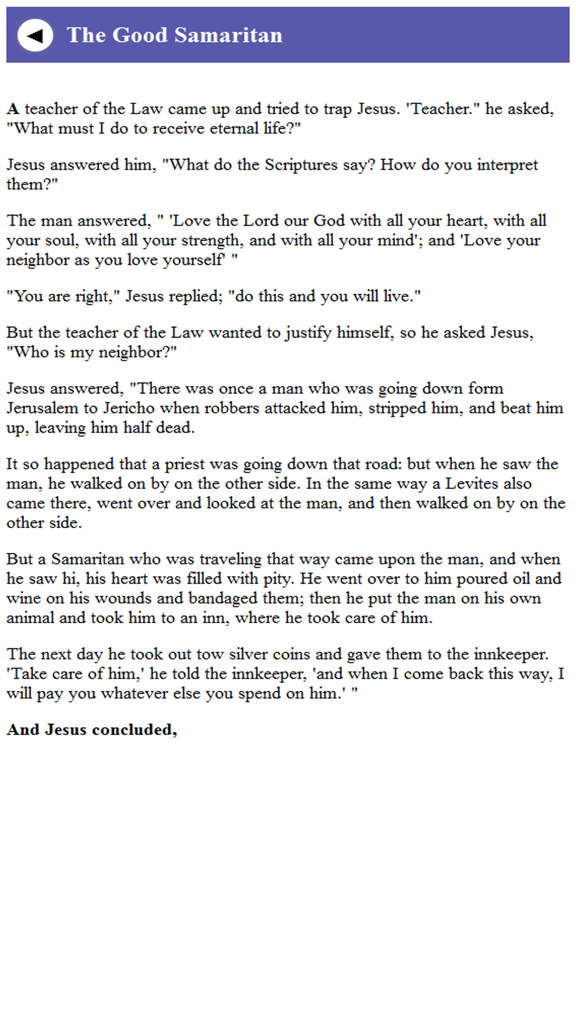 Versión en texto de la parábola del Buen Samaritano en la aplicación móvil Últimas Historias de la Biblia para niños.