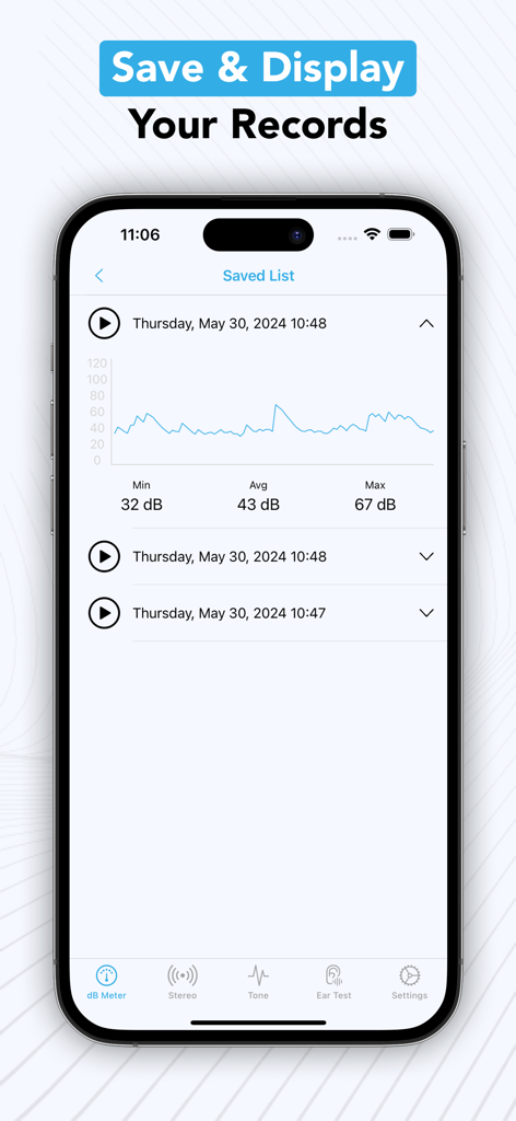 Decibel - dB Sound Level Meter - Interface of the decibel meter app showing a list of saved noise level records with a graph and statistics.