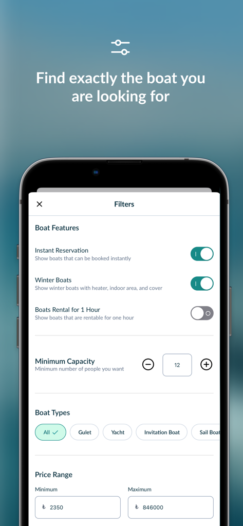 Teknevia - Boat&Yacht Rentals - ボートの種類、収容人数、価格帯のオプションが表示されたTekneviaアプリのフィルター画面