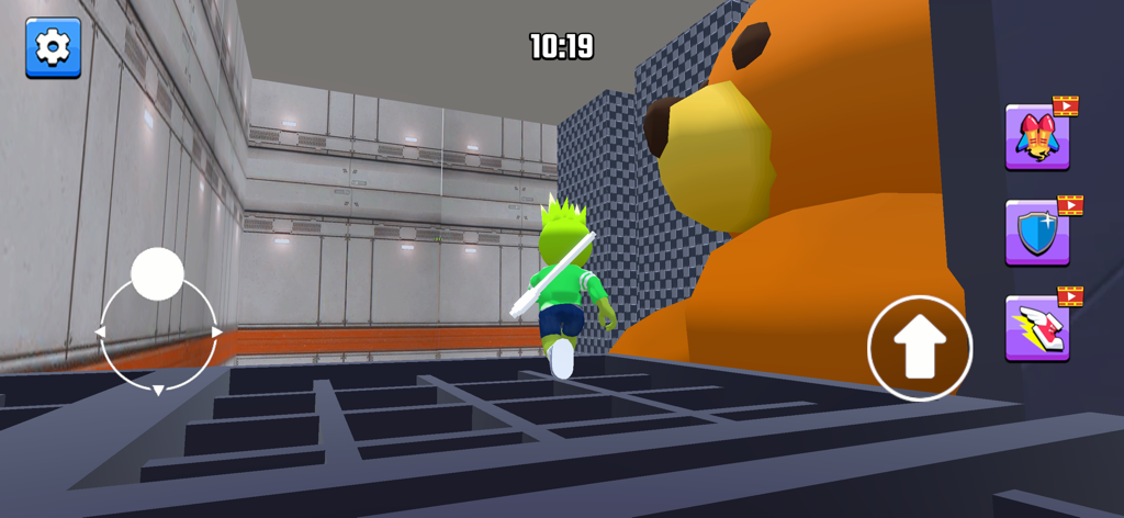 Great Escape Run - Un personaje verde corriendo delante de un oso naranja gigante en Great Escape Run.