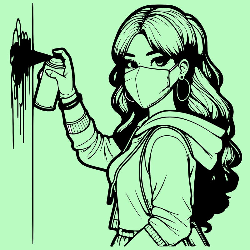 realistic girl with mask spray painting a wall