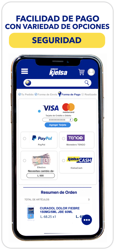 Farmacias Kielsa - Secure checkout screen in the Farmacias Kielsa app showing payment options like Visa Mastercard and PayPal