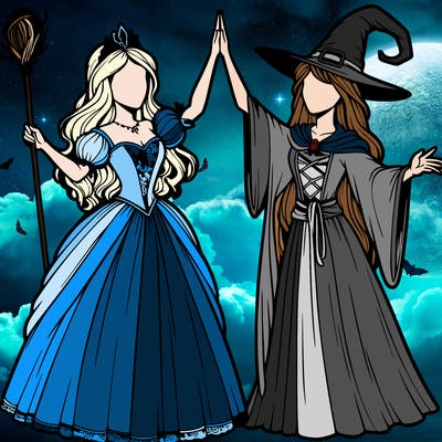 detailed realistic split of a princess and a witch