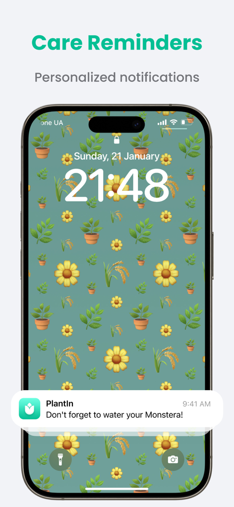 PlantIn: Plant Identifier・Care - A smartphone lock screen showing a PlantIn app notification to water a Monstera plant
