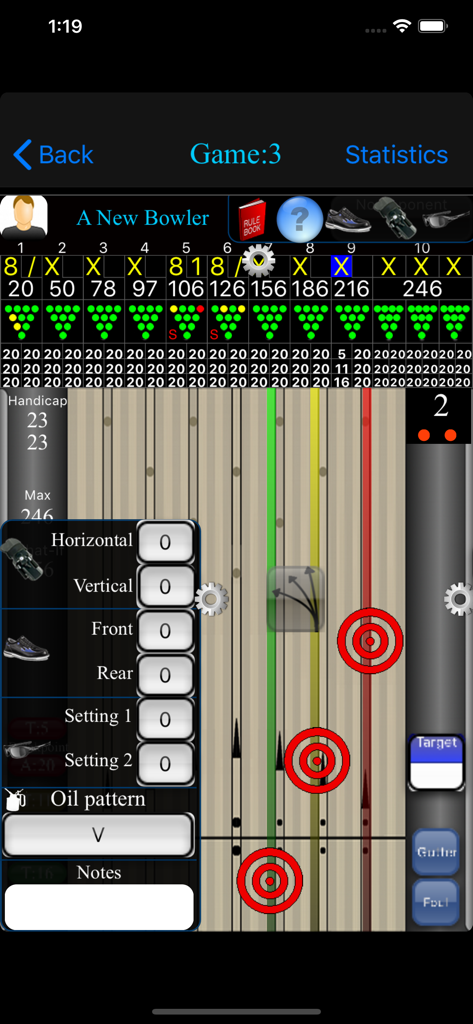 BowlSheet® - Competitive bowling score interface in BowlSheet app with visual lane targets and equipment settings.