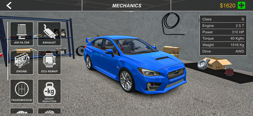Fast Lap Racing - Mechanics menu in Fast Lap Racing showing a blue sports car with various mechanical upgrade options like engine and exhaust
