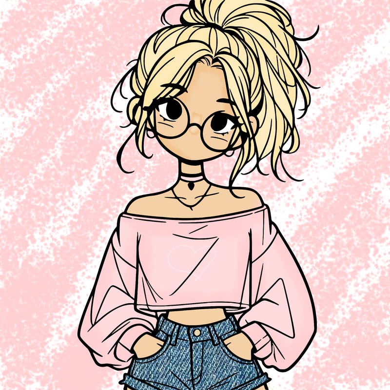 girl with a messy ponytail glasses a baggy crop top and jean shorts