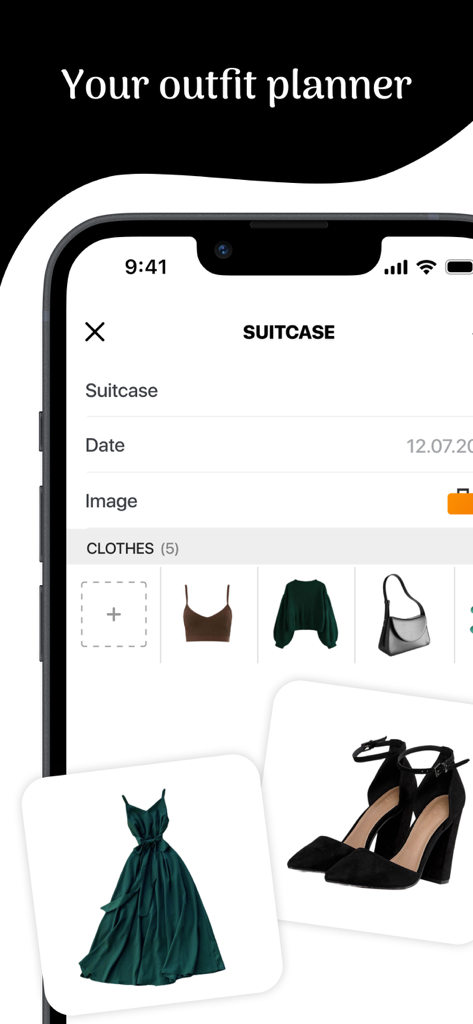 Screenshot of the My Wardrobe app suitcase feature showing clothing items organized for a trip
