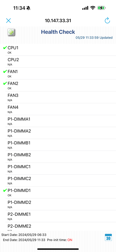 Supermicro IPMIView app interface showing a health check report for server hardware components including CPU fans and memory slots