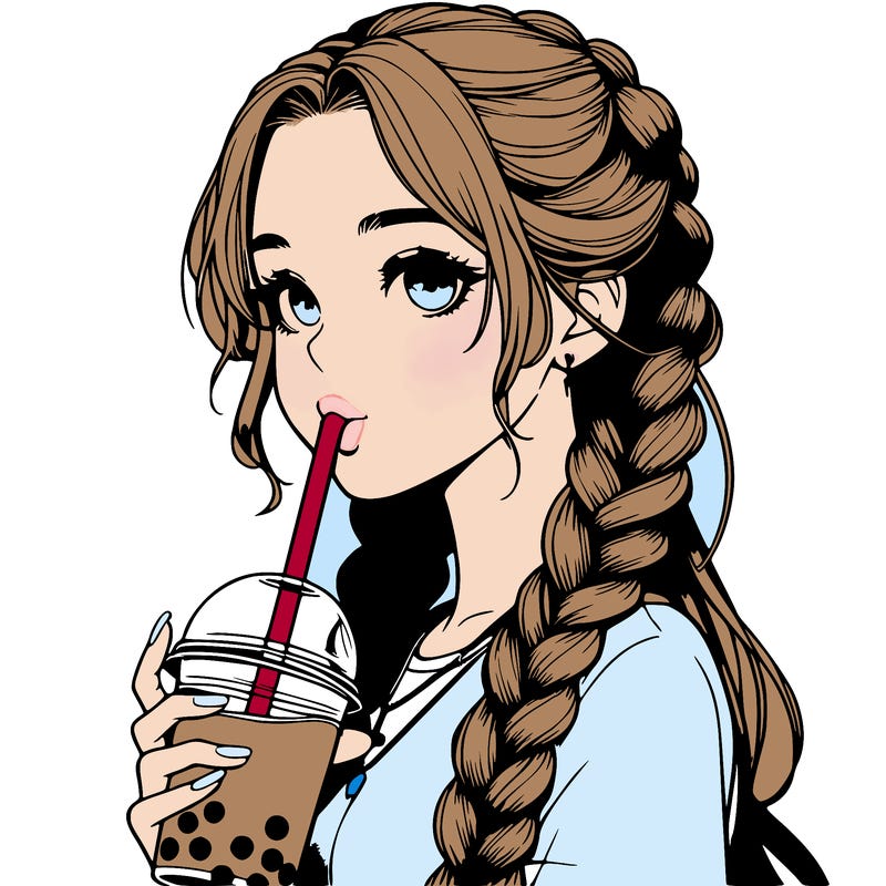 realistic girl with braided hair drinking boba