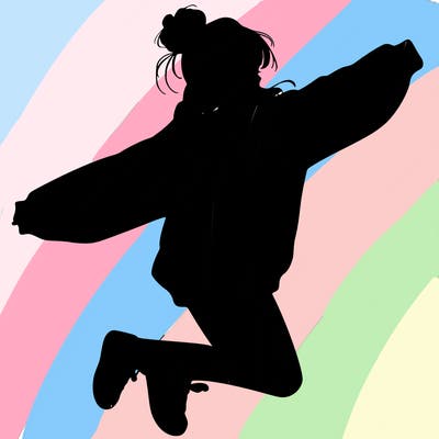 realistic girl jumping with a bun and oversized sweatshirt