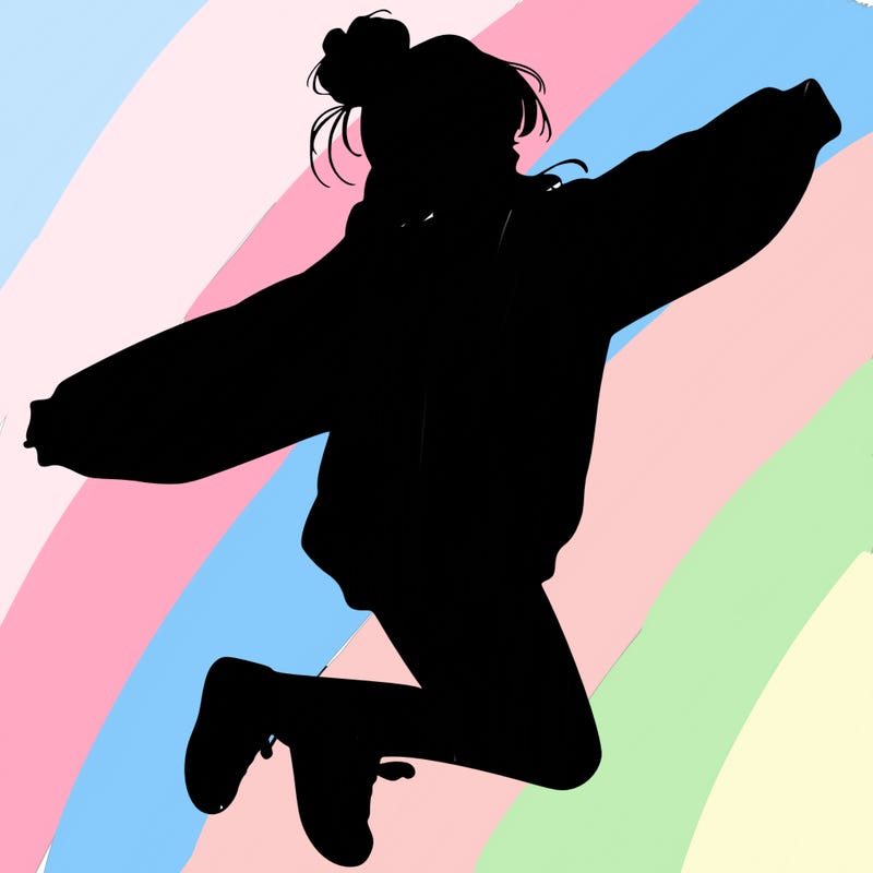 realistic girl jumping with a bun and oversized sweatshirt