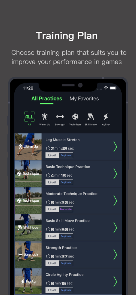 Soccer Plusアプリのインターフェイス内にあるサッカーのトレーニングプランとドリルのリスト。