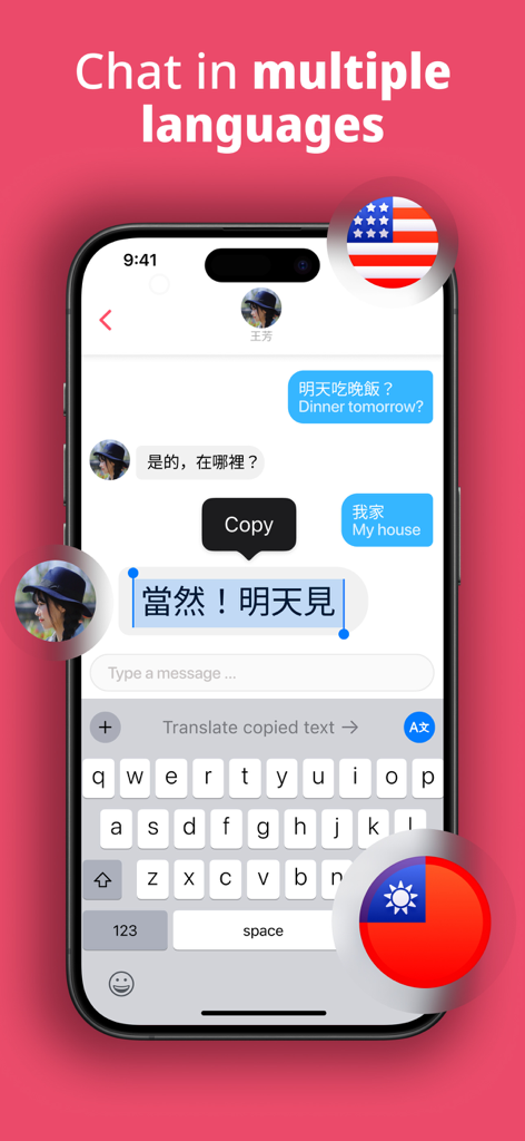Translator Keyboard - Language - A smartphone showing a text conversation being translated in real time using the Translator Keyboard app