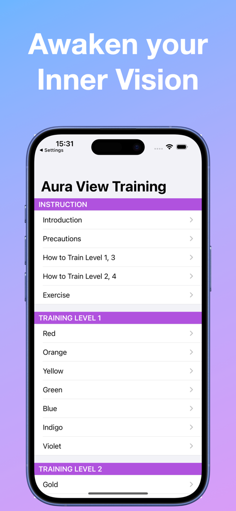 AuraVision app interface showing a list of aura training levels and color exercises.