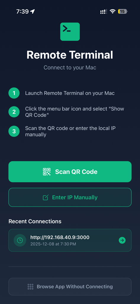 Pantalla de conexión de Terminal Remota mostrando instrucciones de emparejamiento con código QR y conexiones recientes