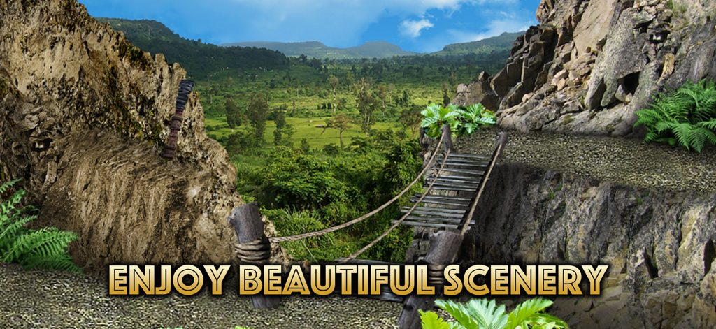 The Lost Treasure - A wooden rope bridge overlooking a lush tropical landscape with mountains