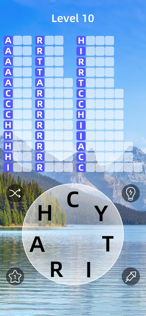 Zen Word® - Relax Puzzle Game - Tela de jogabilidade do Zen Word mostrando o nível dez com uma roda de letras sobre um fundo sereno de lago de montanha