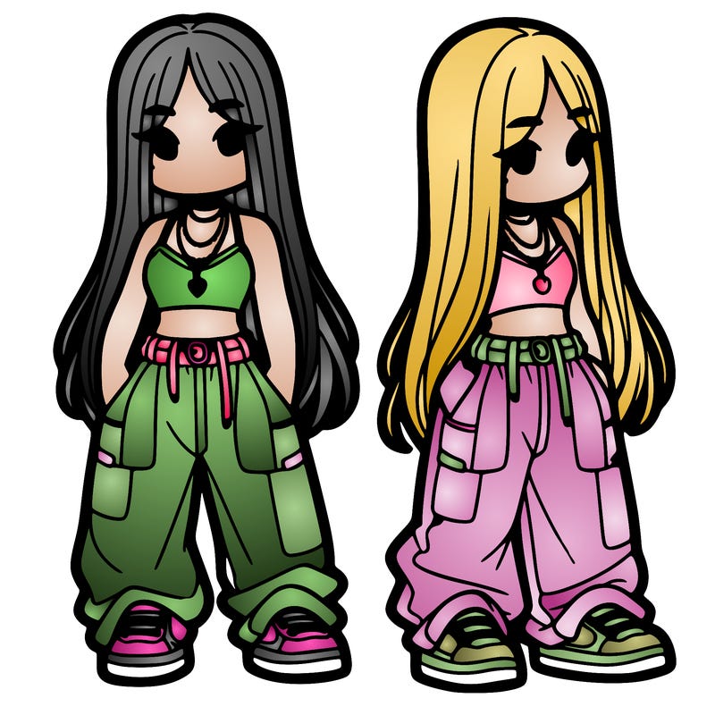 girl in baggy pants crop top and long hair