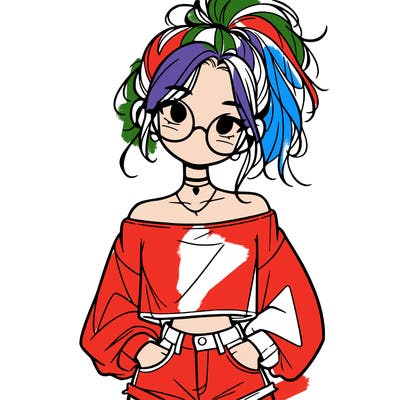 girl with a messy ponytail glasses a baggy crop top and jean shorts