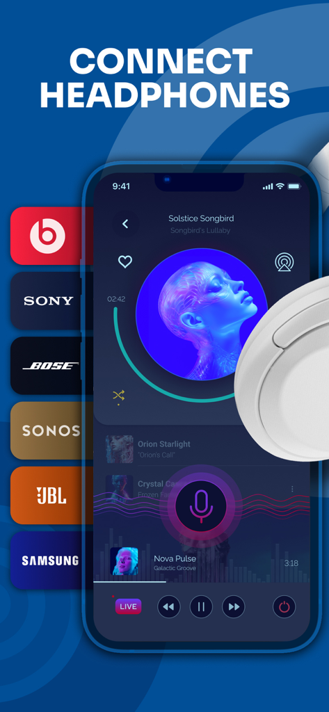 Mobile app interface of Headphones and Speaker Connect showing supported brands like Beats Sony Bose and JBL