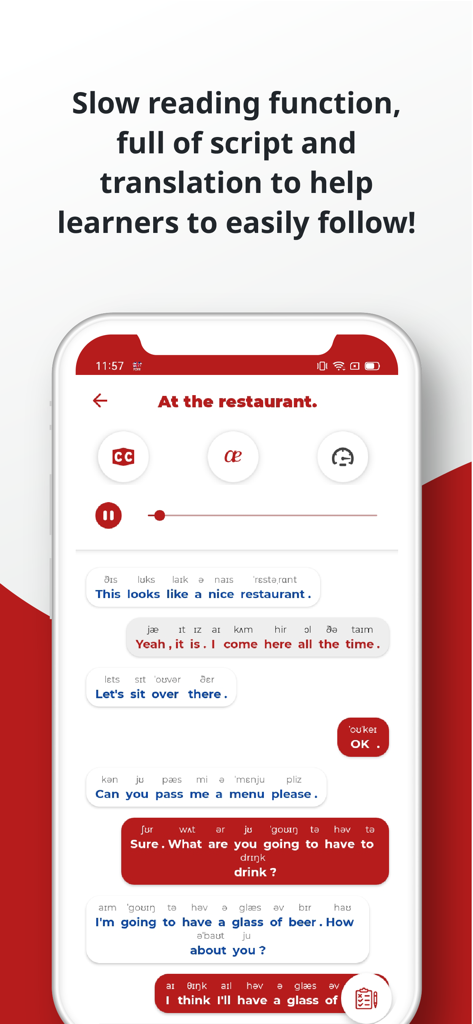 English ー Listening・Speaking - Interfaz de aplicación móvil que muestra un diálogo en inglés sobre un restaurante con transcripciones fonéticas y modo de lectura lenta