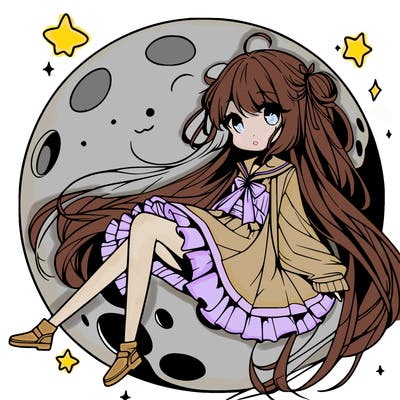 anime girl sitting on the moon with long dress with hair down