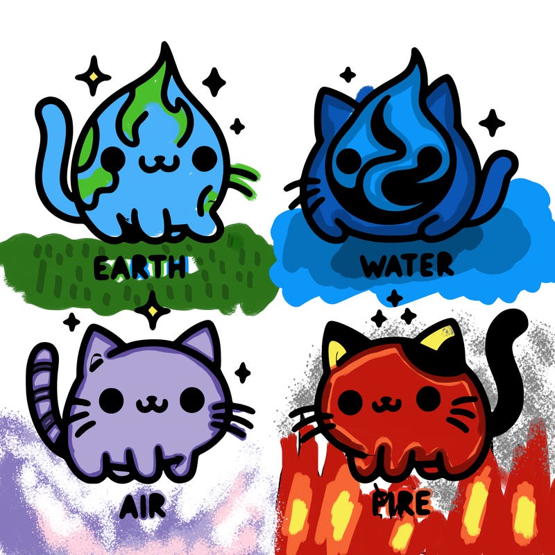 4 cats that represent the different elements, earth, water, air, and fire